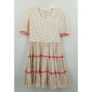 Vintage Floral Fit & Flare Mini Dress Short Puff Sleeves Scoop Neck Ivory